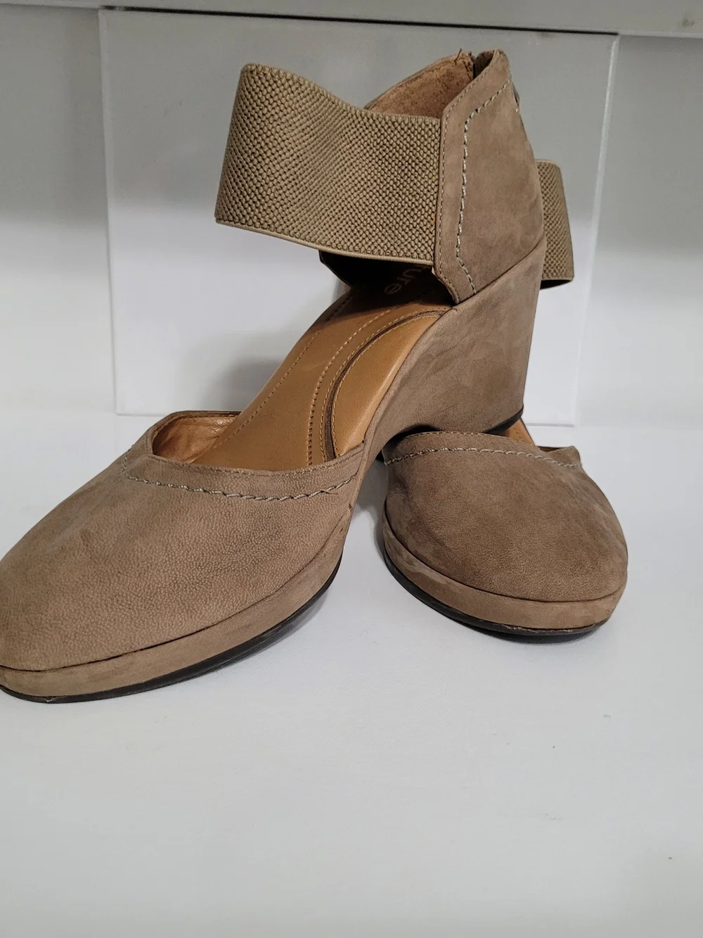 Nurture Taupe Faux Suede Wedge with Wide Elastic Ankle Strap